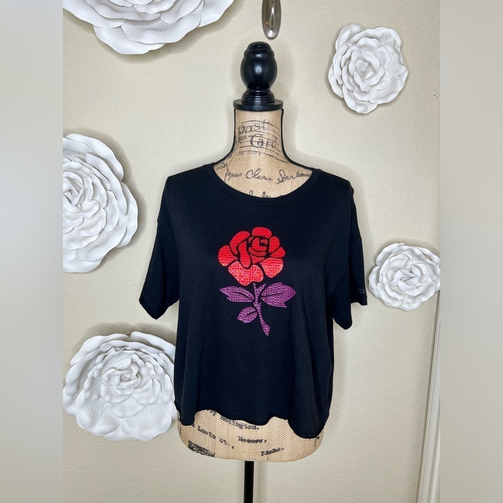 Victoria’s Secret PINK Black Crop Top w/ Red & Purple Rhinestone Rose Sz M